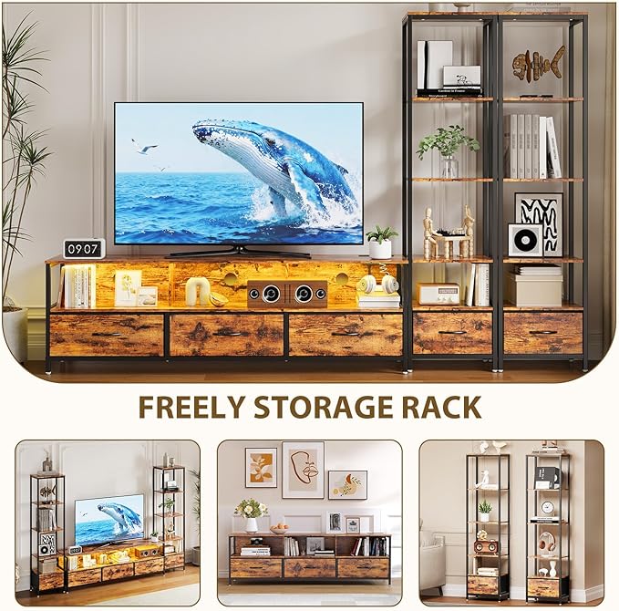 Entertainment Center with Storage, TV Stand for TVs Up to 70", with 5-Tier Bookshelf, 5 Fabric Drawers & Power Outlet, Modern LED TV Console Table, Media Center for Living Room Bedroom Home Office