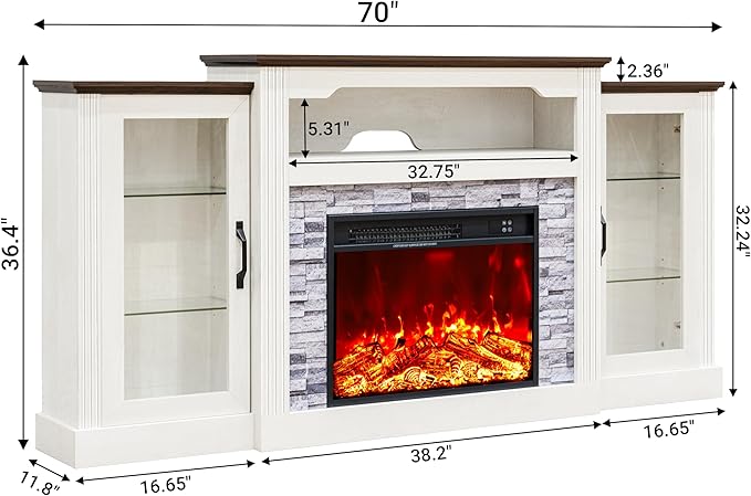 70“ Fireplace TV Stand, 4800 BTU Electric Fireplace with Mantel, Farmhouse Style Wooden TV Console Entertainment Center with Storage, Remote Control, Heating for Living Room, Bedroom, White
