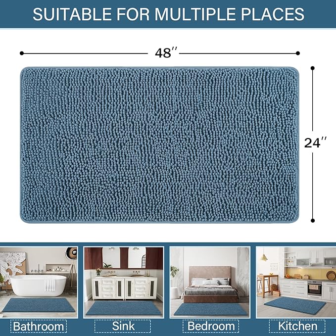 LOCHAS Luxury Bathroom Rug Shaggy Bath Mat 24 x 48 Inch, Washable Non Slip Bath Rugs for Bathroom Shower, Soft Plush Chenille Absorbent Carpets Mats, Denim Blue