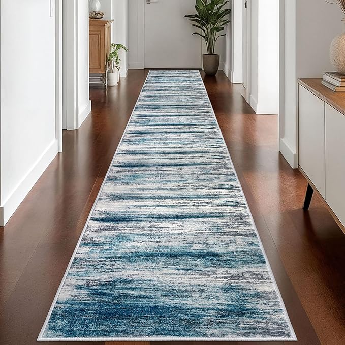 KOZYFLY Modern Abstract Hallway Runner Rug, 2.6x16 Washable Rug Runner Non-Slip Soft Striped Kitchen Runner Rugs, Print Blue Carpet Runner for Stair Entryway Bathroom Laundry Room Foyer
