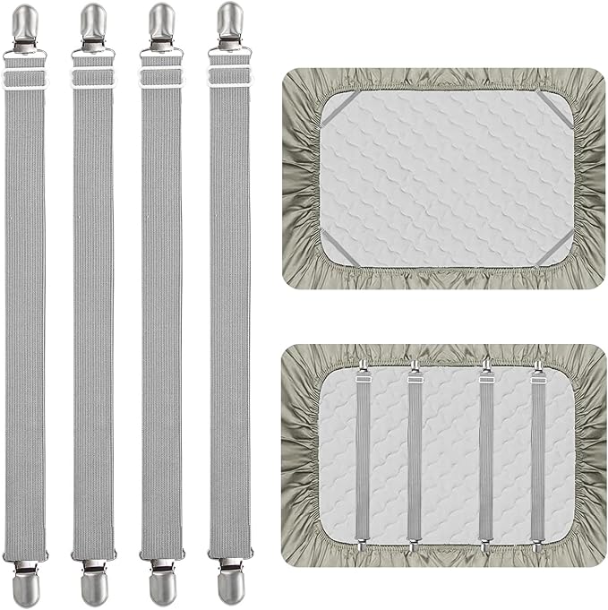 4Pcs Adjustable Bed Sheet Straps Clips, Elastic Mattress Sheet Fasteners Holder and Suspenders, Grippers to Hold Sheet, Mattress, Sofa, Couch, Table Cloth, Recliner Ironing Board Cover and More