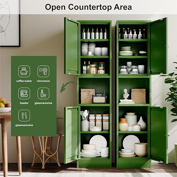 2-Door Metal Storage Cabinet, Tall Slim Pantry Organizer with 3 Adjustable Shelves (120LBS/Shelf), Anti-Tipping Waterproof Cabinet for Bathroom/Kitchen/Home Office/Small Spaces,(1PC,Green)
