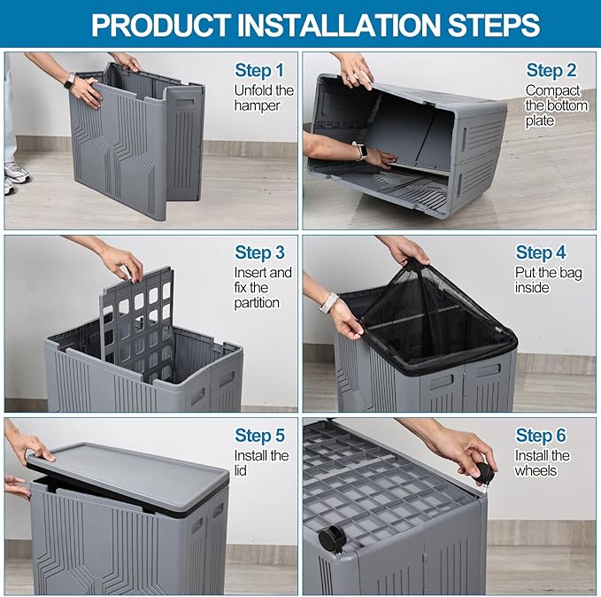 120 L Collapsible Plastic Double Laundry Hamper with Wheels and Removable Bags, Gray, 1 Pack