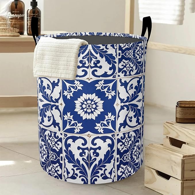 Blue Laundry Basket-Large Foldable Hamper Holder Portable Tall Collapsible Laundry Hamper Storage Basket Bin with Handles, Canvas & Waterproof lining for Household Items
