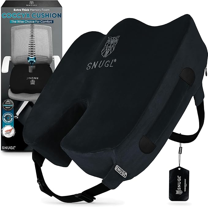 SNUGL Seat Cushion for Tailbone & Back Pain Relief – Orthopedic Memory Foam Coccyx Pillow for Office, Desk & Gaming Chairs – Sciatica & Lower Back Pain Relief, Long Sitting Comfort