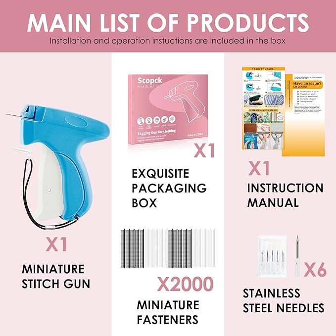 Stitch Gun for Clothes - Handheld Stitch Gun Quick Clothing Fixer - Mini Sewing Kit Micro Tagging Gun - Includes 6 Needle, 1000 Black Fasteners and 1000 White Fasteners (Blue-White)