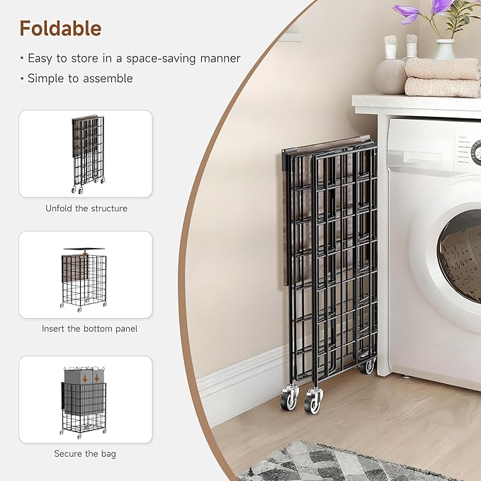 Laundry Basket with Wheels, Heavy Duty Laundry Sorter 2 Sections, Large Capacity 120L Laundry Hamper with Wood Lid, 360 Rolling Wheels, Extra Side Pocket, Leather Pull Handle (Grey)