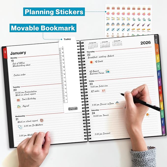Dunwell 2026 Planner Book 8.5x11, Weekly Monthly Calendar, Jan to Dec, Large Daily Organizer with Colorful Tabs, Bookmark, Notes Section & Stickers