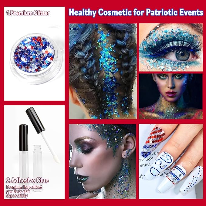 Allstarry Chunky Body Glitter 4 Colors Cosmetic Patriotic Face Glitter Veterans Day Eye Flakes Independence Day Hair Sequins Sparkle 4th of July Accessories for Women Face Paint Makeup Nails Art