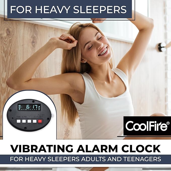 Coolfire – Vibrating Alarm Clock for Heavy Sleepers | Auto Set Bed Shaker Super Loud Alarm Clock Under Pillow | Auto Set, Auto DST | Cordless Rechargeable, Hearing Impaired, LCD Backlight