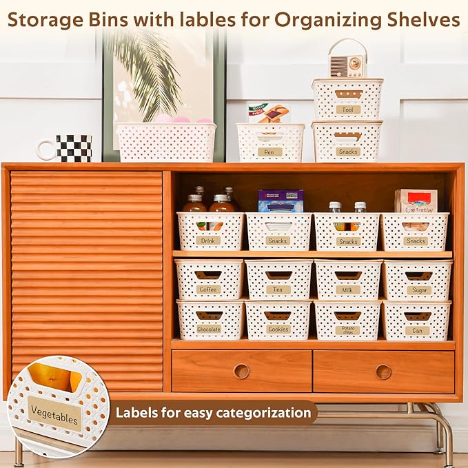 8 Pack Plastic Storage Bins with Bamboo Lids - Stackable Storage Baskets with Handle for Pantry Organizer and Storage, Plastic Containers Bins for Kitchen Bathroom Classroom Office Shelves