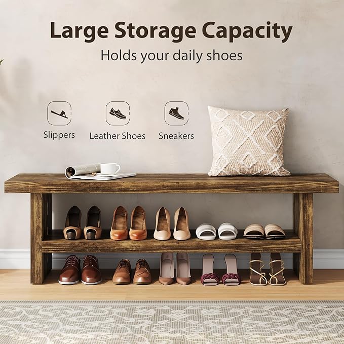 2 Tier Entryway Bench, 47.24" Shoe Bench, Rustic Shoe Rack, Wooden Storage Bench for Entryway Hallway Living Room Bedroom, Easy Assembly, Rustic Brown