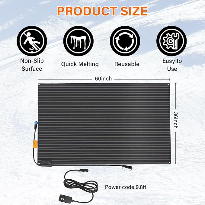 Snow Melting Mats Outdoor 36 x 60 inch, Non-Slip Heated Outdoor Mats 608W 120V, Heated Driveway Mats with UL and ETL Certificate Power Cord, Suitable for Most Entryways