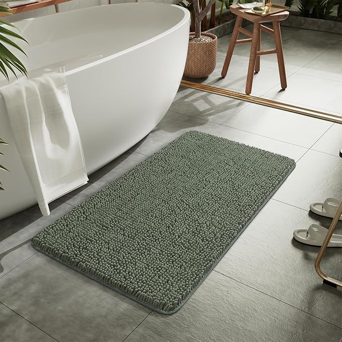 LOCHAS Luxury Bathroom Rug Shaggy Bath Mat 24 x 36 Inch, Washable Non Slip Bath Rugs for Bathroom Shower, Soft Plush Chenille Absorbent Carpets Mats, Sage Green