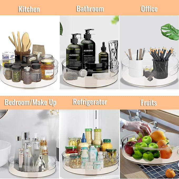 4 Pack Lazy Susan Organizer for Cabinet：Lazy Susan Turntable (8/10/11/12 Inch) with Non-Slip Mat and Handles,Turntable Rack for Kitchen,Pantry,Refrigerator,Bathroom and Vanity Countertop