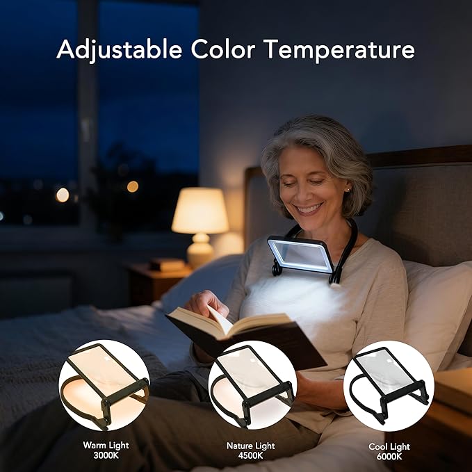 Magnifying Glass with Light for Reading Neck Light Hands Free Book Page Magnifier with LED Lights Dimmable 3 Color,Flexible Gooseneck Magnifying Glasses for Close Work Seniors Low Vision Elderly