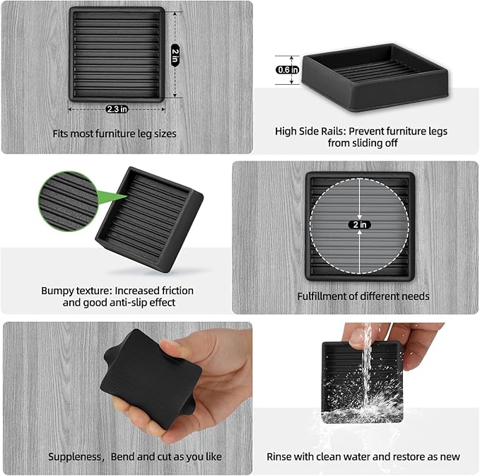 xxxHOLIC Non Slip Furniture Pads for Hardwood Floors, 2 * 2 Inch Black, Set of 4, Rubber Bed Stoppers to Prevent Sliding, Furniture Coasters for Protecting Floors from Scratches and Reduce Noise