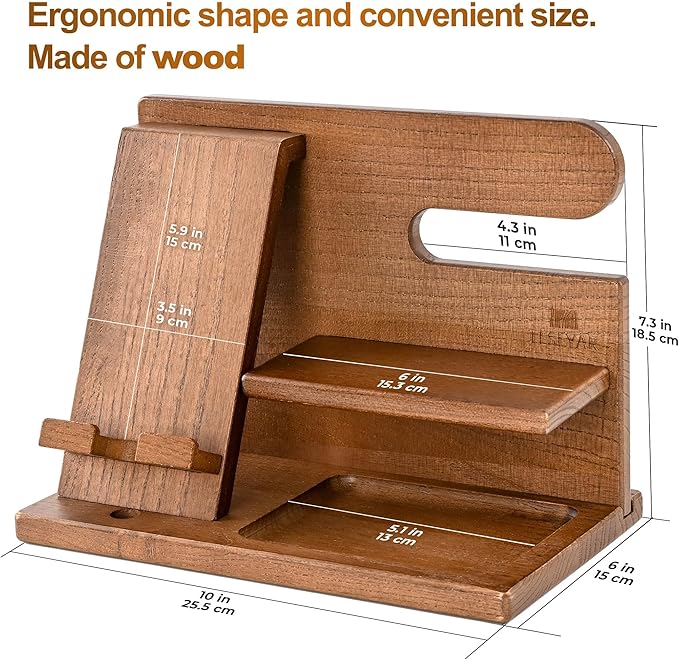 TESLYAR Wood Phone Docking Station for Men - Desktop or Nightstand Organizer - Birthday Gifts for Men, Dad - Anniversary Idea from Wife - Key Holder, Stand Wallet, Watch & Essentials (Earth Beige)