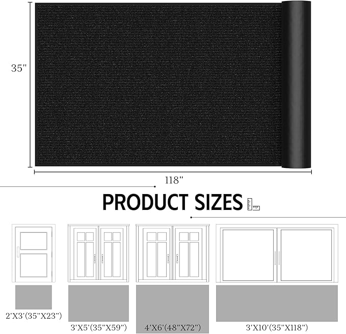 Front Door Mat 3' x 10', Heavy Duty Large Commercial Floor Mats, Non-Slip Low Profile Door Mat Outside Entrance, Absorbent & Resist Dirt, Easy Clean Welcome Entry Mat Indoor Outdoor Rug, Black