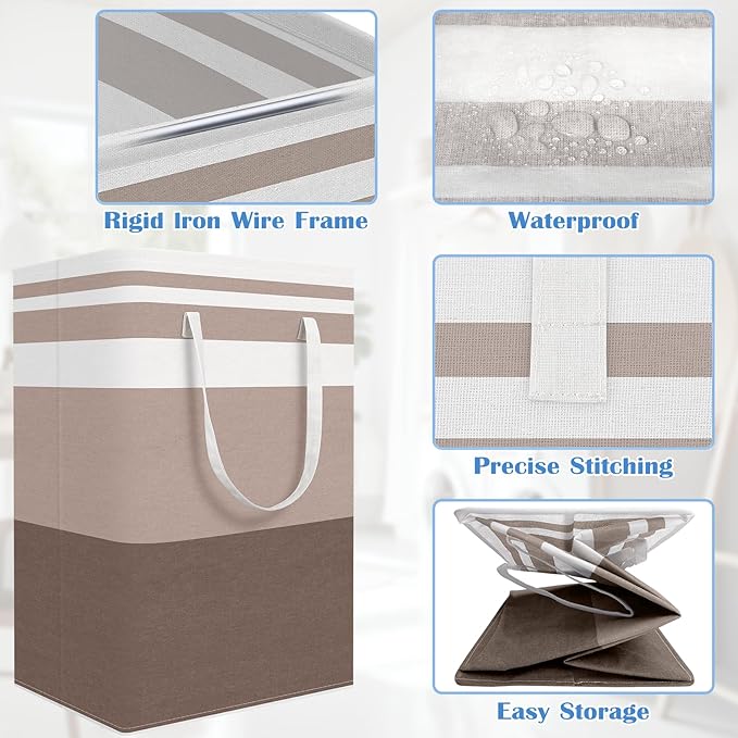 BlissTotes 3-Pack Laundry Basket, Freestanding＆Waterproof Laundry Hamper, Collapsible Tall Clothes Hamper with Easy Carry Handles for Clothes, Towels in the Family and Dorm,Gradient Khaki,88L