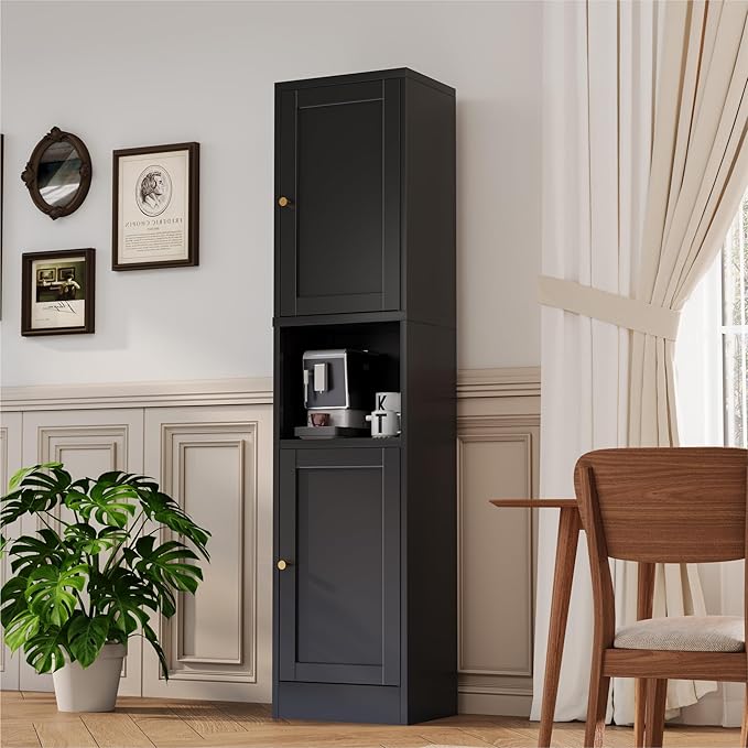 2-Door Metal Storage Cabinet, Tall Slim Pantry Organizer with 3 Adjustable Shelves (120LBS/Shelf), Anti-Tipping Waterproof Cabinet for Bathroom/Kitchen/Home Office/Small Spaces, (1PC,Black)