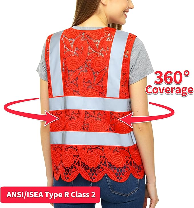 Lace-Mesh Safety Vest for Women & Men - Breathable, High Visibility Vest with Zipper & ANSI Class 2 Reflective Strips