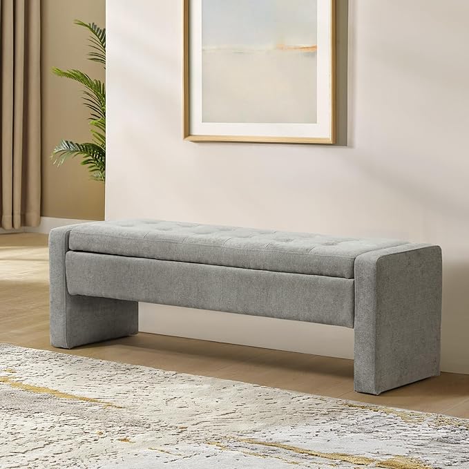 55" Modern Upholstered Storage Bench with Tufted Seat, Fabric Ottoman Bench for Bedroom, Entryway, or Living Room, Soft Close Hinge,Grey