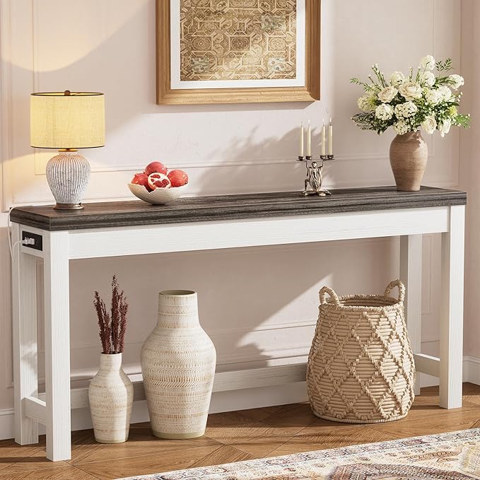 Cyclysio 63" Console Tables for Entryway, Long Console Tables for Living Room, Behind Couch Table, Sturdy Wood Support Farmhouse Entryway Table with 3AC+2USB Charging‌ Station, Oak Grey