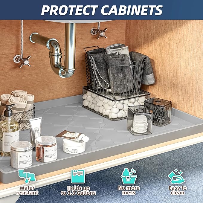 SIKADEER 34" x 19" Under Sink Mat Waterproof, Silicone Mat Kitchen Drawer Shelf and Cabinet Liner, Sink Protector for Kitchen Organizers and Storage, Boot Tray Pet Food Mats