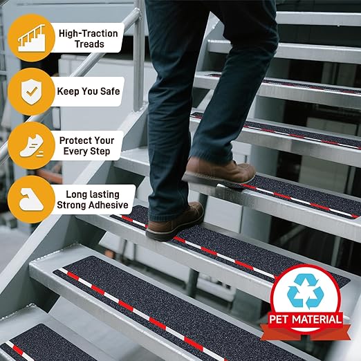 LifeGrip Anti Slip Stair Treads with Reflective Stripe (10-Pack), 8" X 32", Ourdoor Grip Tape Non Slip, Waterproof Safety Non Skid Tape, High Traction Friction Abrasive Adhesive for Step, Red/White