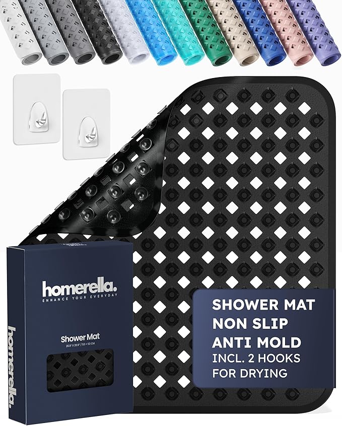 homerella® Shower Mat Non Slip Anti Mold, Non Slip Shower Mats for Inside Shower Stall Anti Slip Mat, Square Shower Floor Mat 21 x 21 in with Suction Cups & Hooks for Quick Drying, Machine Washable