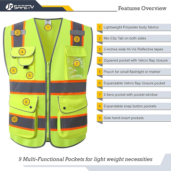 JKSafety 9 Pockets Hi-Vis Neon Yellow Color Zipper Front Safety Vest with Fluorescent Orange Extend Edge outlining the Reflective Tapes Meet ANSI/ISEA Class 2 Standard (901-Yellow, 3X-Large)