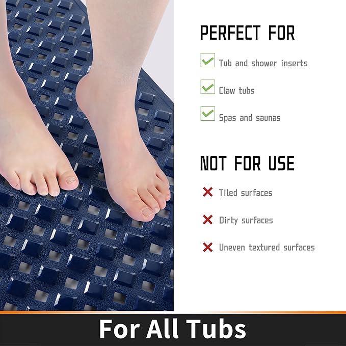 Yimobra Bathtub Mat Non Slip, Super Strong Suction Cups, 27.5"x15.5" Long Shower Mat with Drain Holes, Machine Washable Fast Draining Bath Mats, Bathroom Essentials,Navy Blue