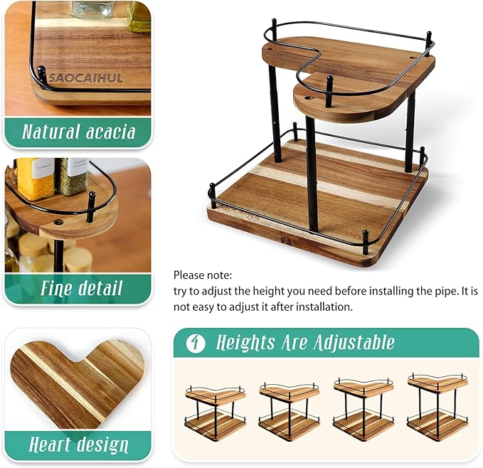 Acacia Wooden Spice Rack Organizer Lazy Susans Rotating Countertop 2 Tiered Display Shelf Kitchen Adjustable Height Spinning Spice Rack 11.8INCH Large Capacity