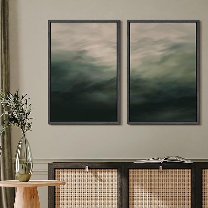 MUDECOR Framed Canvas Print Wall Art Dark Green Abstract Misty Landscape Moody Illustrations Modern Art Decorative Chic for Living Room, Bedroom, Office - 24"x36"x2 Black
