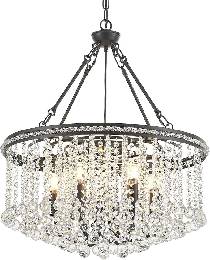 6-Light Black Crystal Chandelier Modern 21.6'' Contemporary Round Pendant Chandeliers Crystal Ball Luxury Ceiling Hanging Lighting for Living Dining Room Kitchen Island Bedroom Entryway Foyer