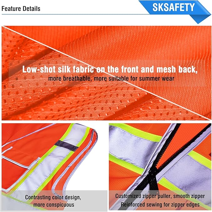SKSAFETY 10 Pockets Safety Vest, Class 2 High Visibility Security with Zipper Back Mesh, Hi Vis Vest with Reflective Strips, ANSI/ISEA Standard, Construction Work Vest for Men ＆ Women （Orange, 5XL）
