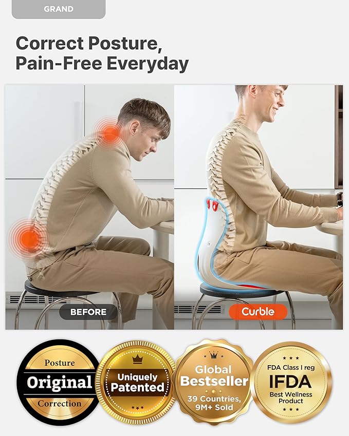 Curble GRAND(Extra Wide & Sturdy) – Ergonomic Chair Back Support, Lumbar Support for Good Posture Correction and Back Pain Relief, Perfect for Office Chair, Floor Seat, Work from Home, Patented(Black)