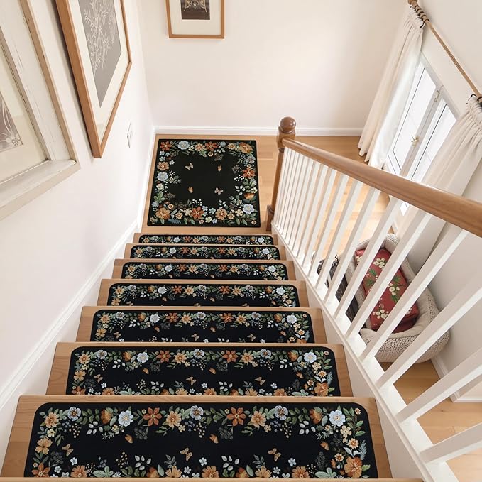 OJIA Floral Stair Treads Non-Slip Matching Mat for Wooden Steps, Square Capet Stair Treads Rubber Backing Stair Runner Anti-Slip Stair Landing Mat 31x31 Inch Stair Rugs