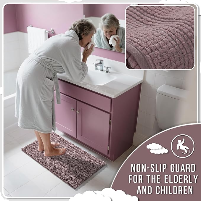 Yimobra Bathroom Rugs Non Slip Washable - Ultra Soft Absorbent Chenille Bath Mat, Quick Dry Shaggy Floor Carpet for Tub Shower, Mauve Home Decor Accessories, 24x17 Inch