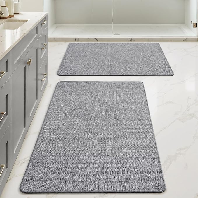 MIULEE Set of 2 Ultra Thin Bathroom Rugs, Rubber Bath Mats for Bathroom Non Slip, Quick Dry Absorbent Bath Rug Machine Washable, Fit Under Door, Shower, Sink, Home Decor, Grey, 24x36 Inch