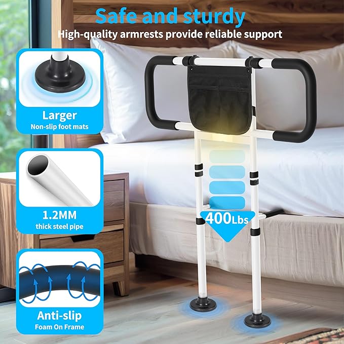 Bed Rails for Elderly Adults Safety - Adjustable Bed Side Rails with Support Leg, Bed Cane with Storage Bag and Motion Sensor Light, Fits Queen, King, Twin, Full, Supports up to 400lbs