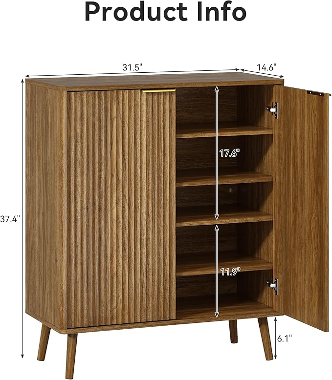 Fluted Shoe Cabinet with Doors, 5-Tier Shoe Storage Cabinet with Adjustable Shelves, Wooden Freestanding Shoe Organizer Shoe Cabinet for Entryway,Hallway,Living Room, Natural Oak