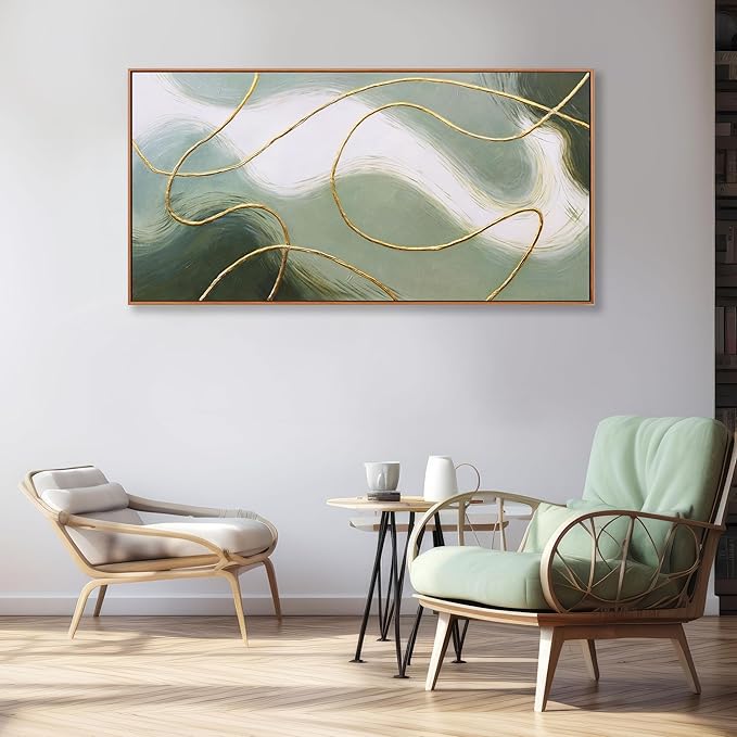 Abstract Wall Art Minimalism Green White and Gold Lines Boho Canvas Wall Decor Framed Artwork Modern Home Wall Decor for Living Room Bedroom Office 29"x58"