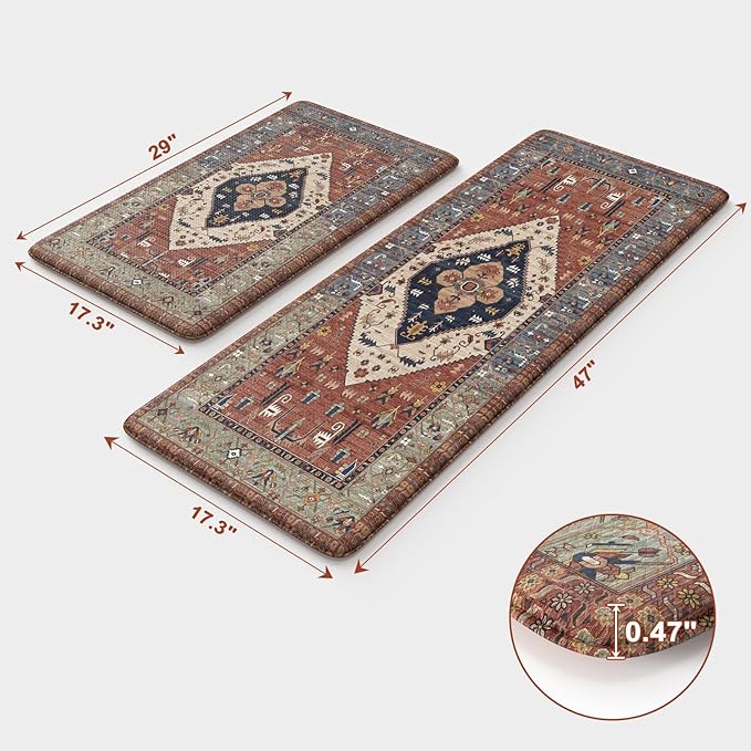 KIMODE Farmhouse Kitchen Mats,Anti Fatigue Kitchen Rugs Sets of 2, Non Slip Waterproof Kitchen Floor Mats, Ergonomic Cushioned Comfort Standing Mat for Laundry, Office, Sink,Desk,Red