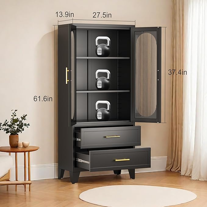 Metal Garage Storage Cabinet, Kitchen Pantry Storage Cabinet with 2 Drawers and 2 Adjustable Shelves Versatile Storage for Homes Offices Gym Basement Warehouse (Black)