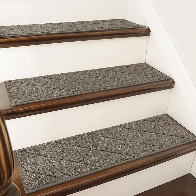 COSY HOMEER Stair Treads for Wooden Steps 9"x28" Washable Indoor Carpet Stair Treads Non Slip Soft Polyester Stair Carpet Tread Reusable Stair Runner Rugs for Kids, Elders,Pets,Light Brown,7pcs