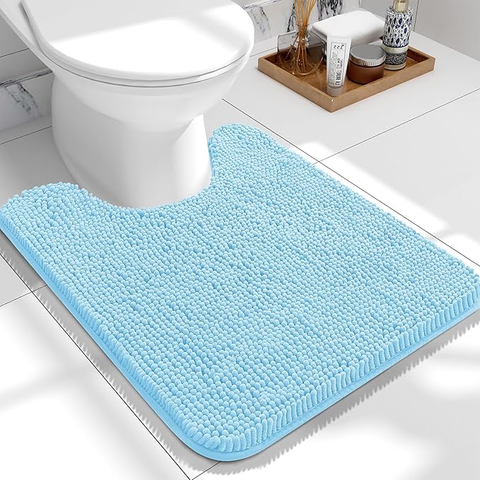 OLANLY Toilet Rugs U-Shaped 24x20, Extra Soft Absorbent Chenille Contour Bathroom Rugs for Toilet, Dry Quickly, Machine Washable, Non-Slip Bath Mat, Sky Blue