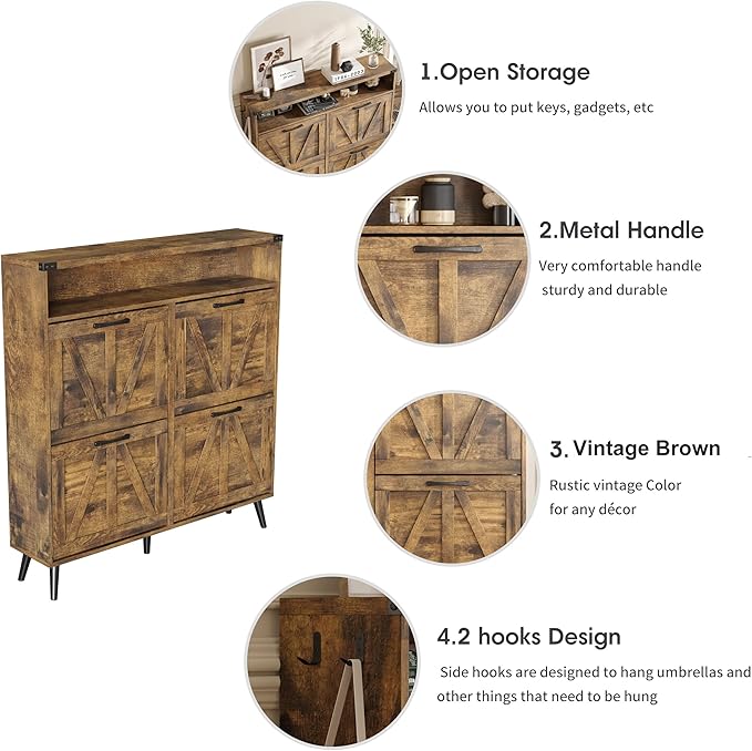 Shoe Cabinet with 4 Flip Drawers,Farmhouse Shoe Storage Cabinet for Entryway,Narrow Freestanding Organizer Rack with Open Shelves for Foyer,Hallway,Brown