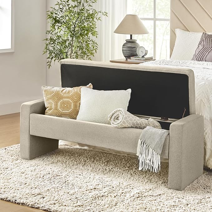 55" Modern Upholstered Storage Bench with Tufted Seat, Fabric Ottoman Bench for Bedroom, Entryway, or Living Room, Soft Close Hinge,Beige
